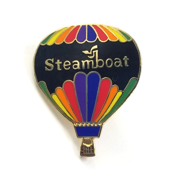 Steamboat Springs Colorado Hot Air Balloon Souvenir Pin Black Rainbow Colours - Picture 1 of 4
